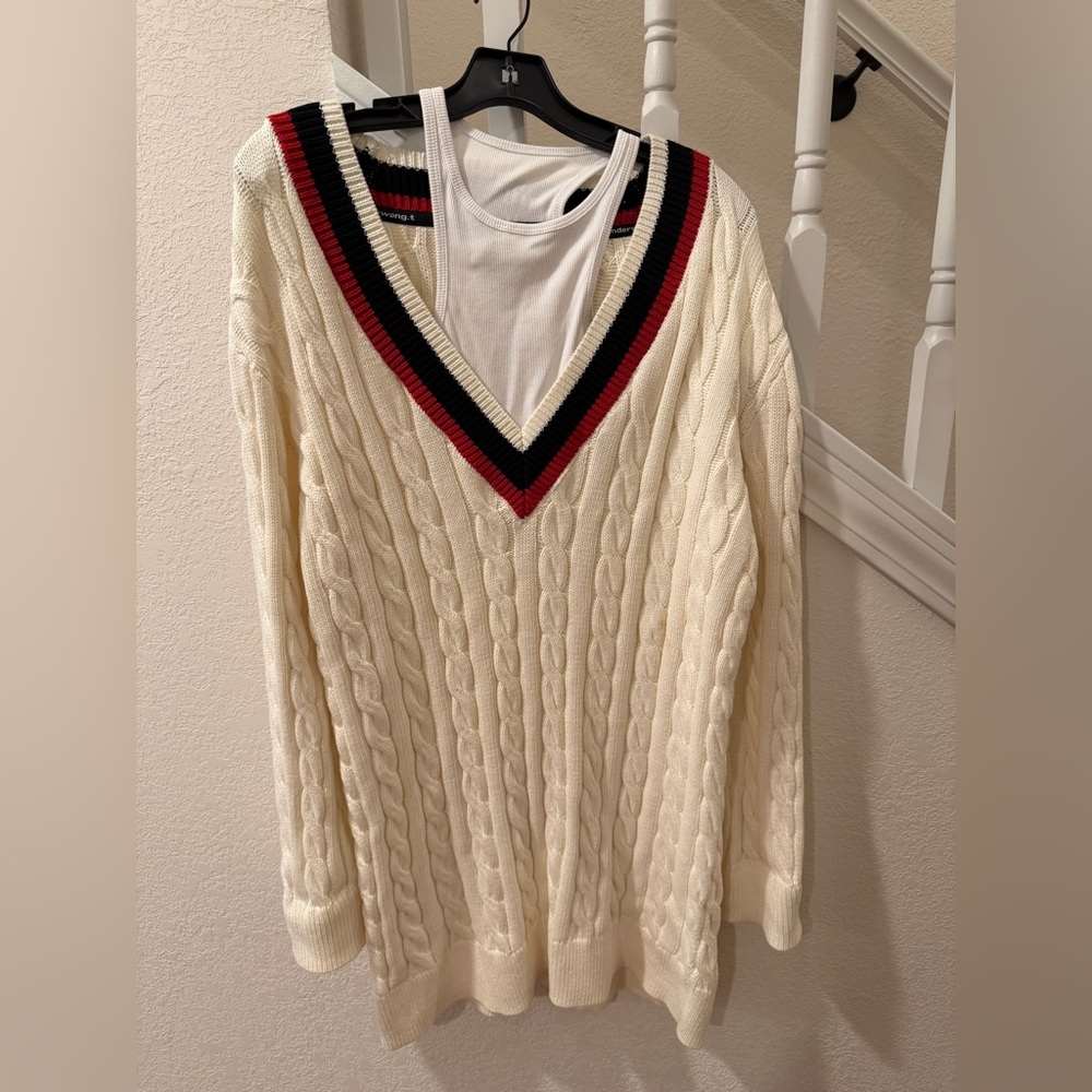 Alexander Wang V-Neck Sweater - Cream with Red and Black Trim